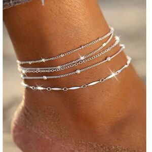 5 pc Silver Stackable Layered Anklet / Bracelet Chain Set Adjstable Summer Beach